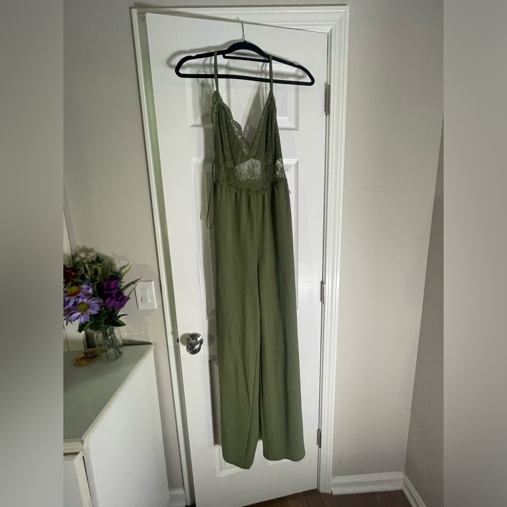 Sage green jumpsuit with mesh upper torso